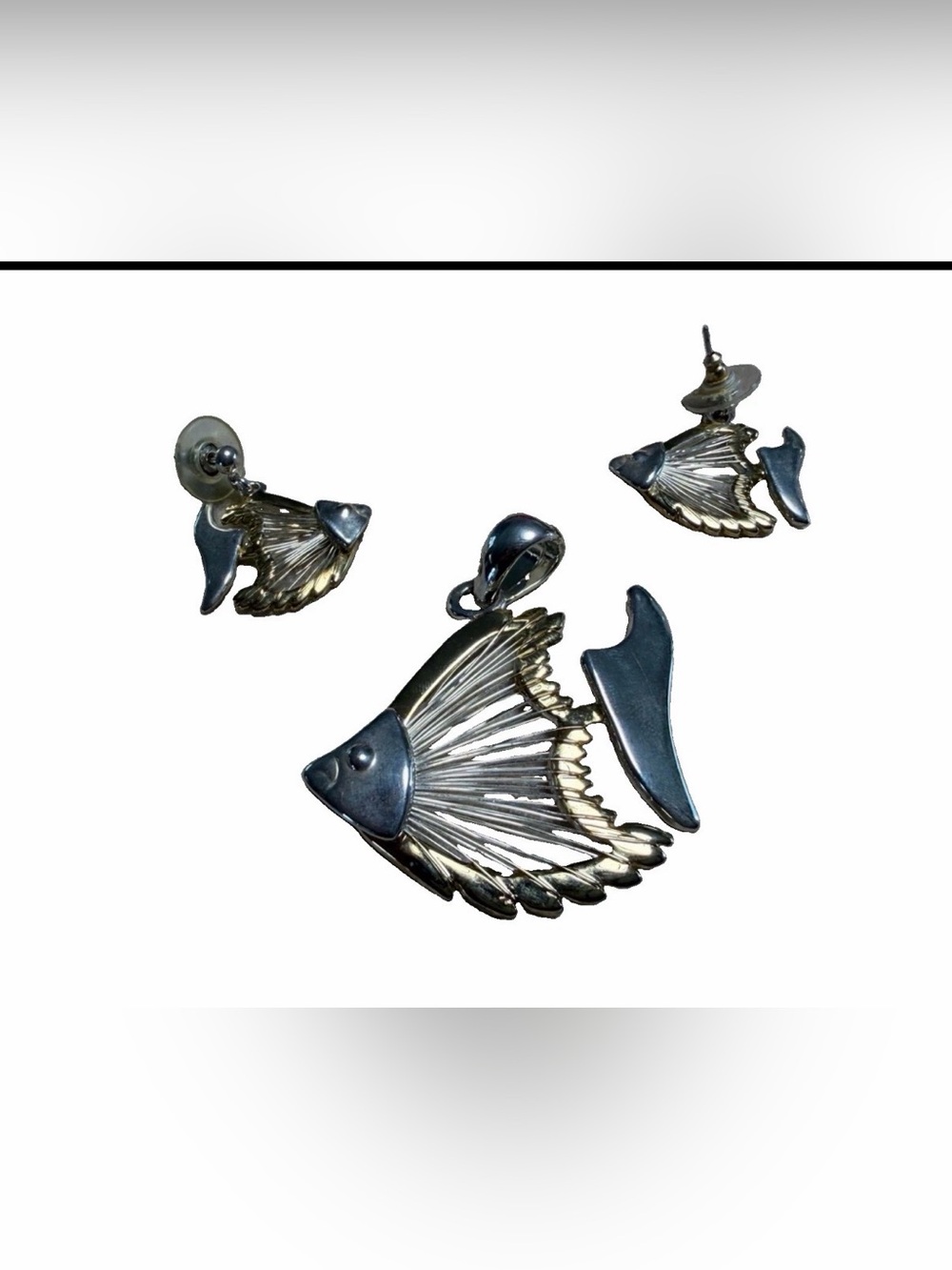 Silver Fish Tail Pendant and Earrings Set - Silver & Gold Tones